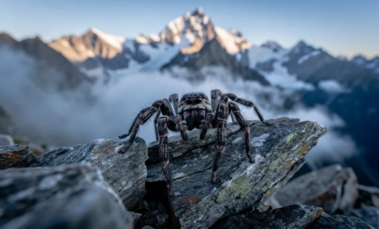 Une araignée Lycosa posée sur des roches alpines devant les sommets enneigés et la brume matinale des montagnes du Mercantour.