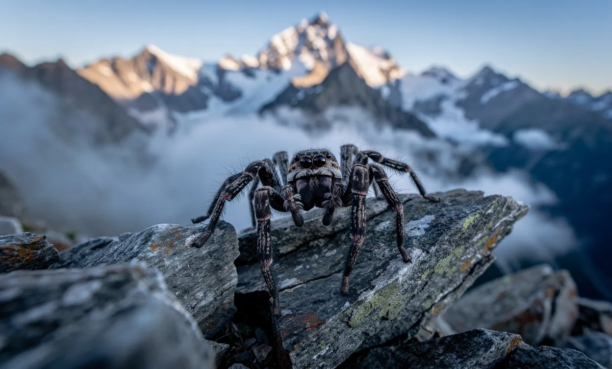 Une araignée Lycosa posée sur des roches alpines devant les sommets enneigés et la brume matinale des montagnes du Mercantour.