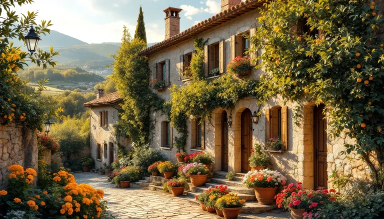 Maisons de pierre baignées de lumière sous un ciel bleu.