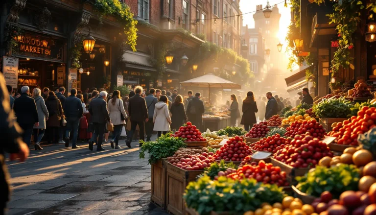 Marché animé au Borough avec des étals colorés proposant fruits, légumes et produits artisanaux.