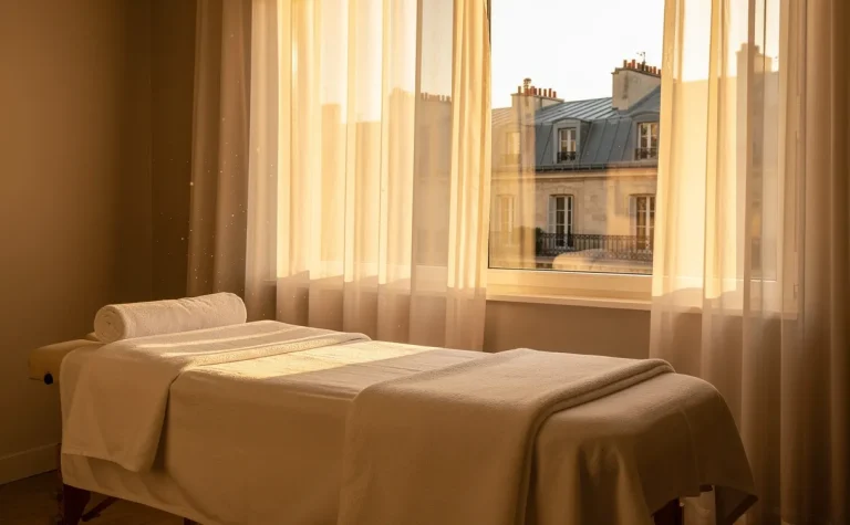 Une salle de massage paisible avec une table recouverte de draps clairs près d'une fenêtre donnant sur les toits parisiens sous une lumière dorée.