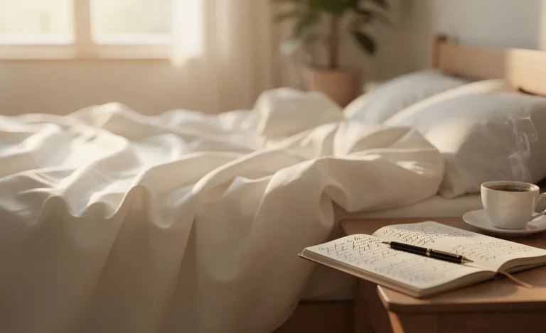 Drap en coton blanc posé sur un lit ensoleillé, avec un journal manuscrit et une tasse de café à côté.