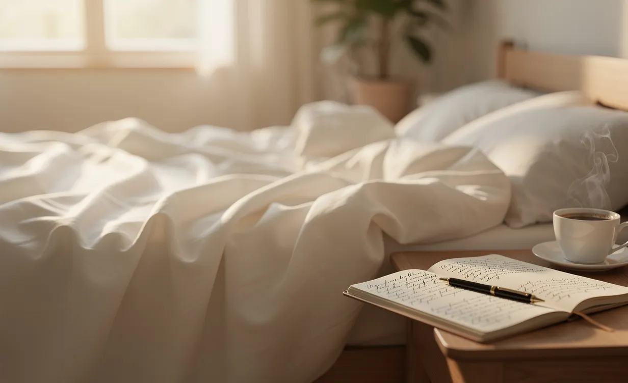 Drap en coton blanc posé sur un lit ensoleillé, avec un journal manuscrit et une tasse de café à côté.