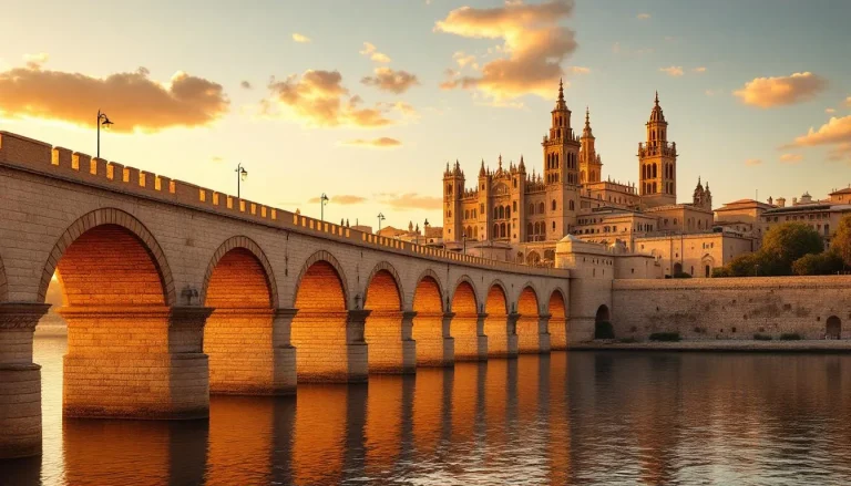 La mezquita de Cordoue se dresse majestueusement au crépuscule, illuminée par des teintes dorées et orangées.