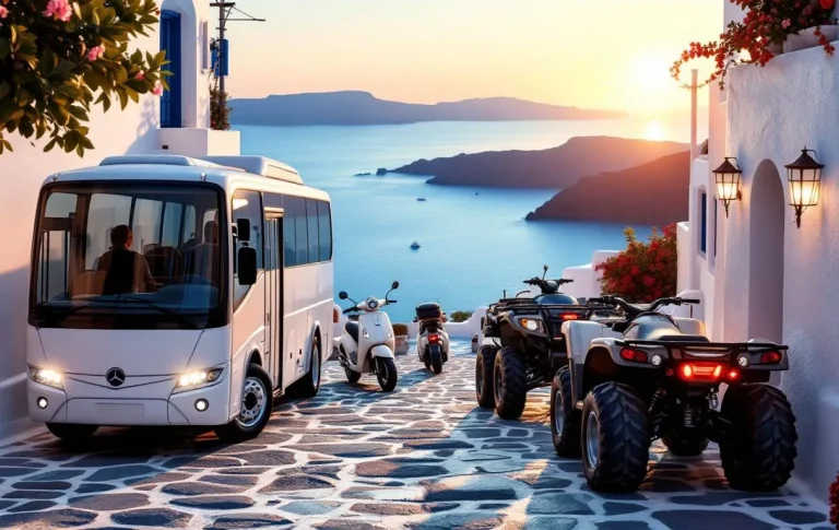 Divers modes de transport colorés à Santorin, incluant des scooters, des bus et des ânes, sur fond de paysages pittoresques.