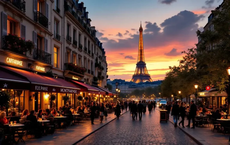 Vue photoréaliste de Montparnasse au coucher du soleil avec la tour, des terrasses de cafés animées et des artistes de rue sur des avenues fréquentées.