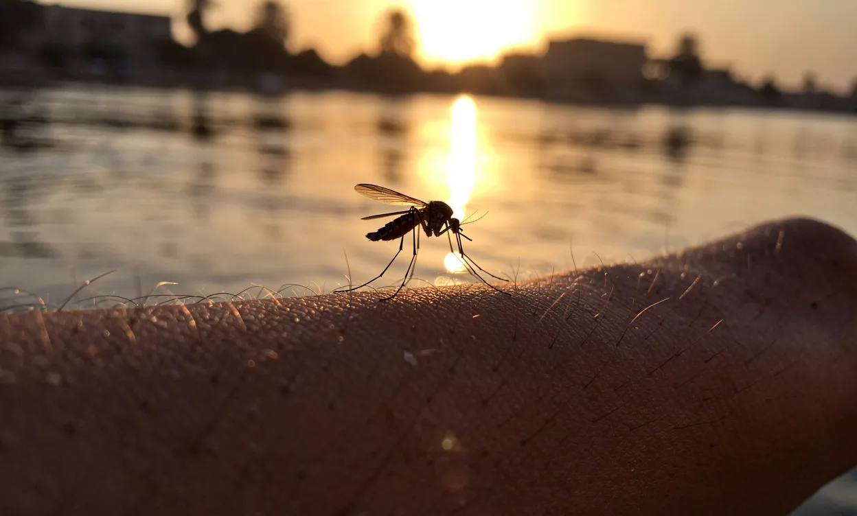 Un moustique en gros plan vole au-dessus d’un bras tendu au coucher du soleil près du Nil, avec une lumière dorée reflétée sur l’eau.