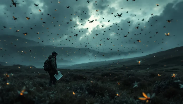 Nuée de moustiques tourbillonnant dans un paysage naturel écossais.