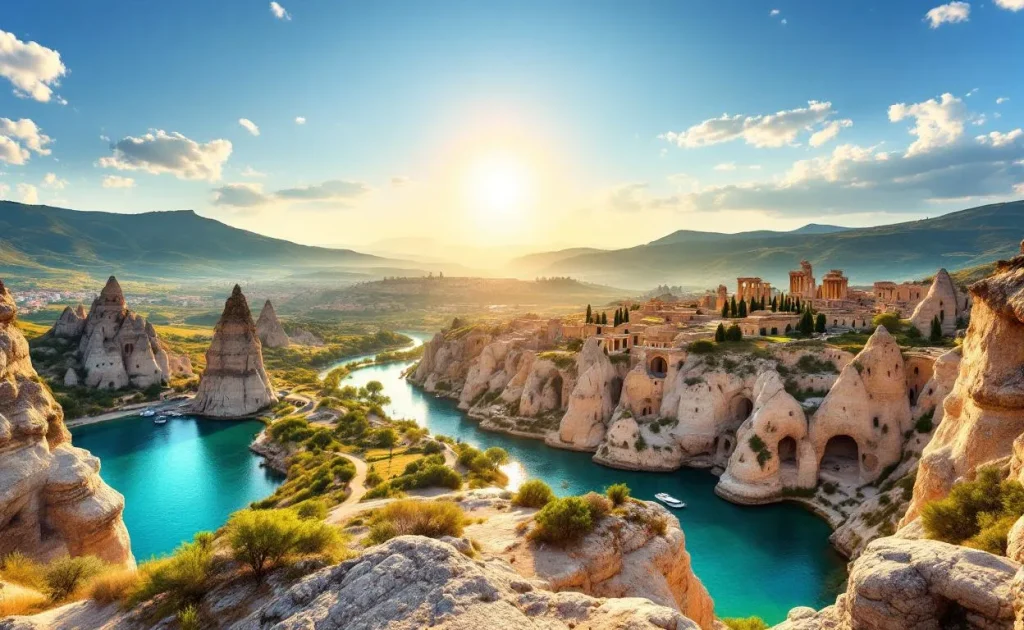 Panorama des paysages turcs avec les cheminées de fée de Cappadoce au lever du soleil, les eaux turquoise d’Oludeniz et les ruines antiques d’Éphèse au milieu de collines verdoyantes sous un ciel lumineux.