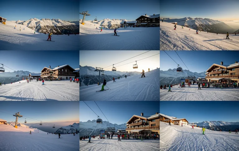 Panorama de montagnes enneigées à Piau Engaly avec dix vues différentes du domaine skiable sous un ciel bleu et une lumière hivernale.
