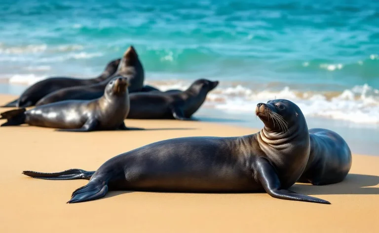 Des phoques se reposent sur le sable à Berck-sur-Mer, sous un ciel clair.