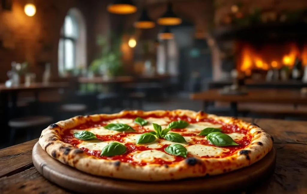 Pizza Di Napoli garnie de tomates, mozzarella fondue et basilic frais sur une croûte dorée.