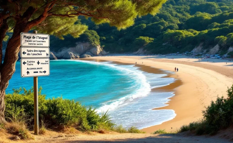 Plage de l’Estagnol baignée de lumière avec des eaux turquoise et du sable doré.