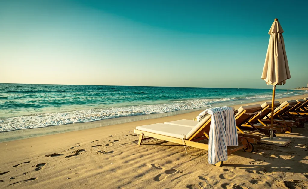 Plage égyptienne paisible en décembre avec des vagues turquoise, des chaises longues vides, une serviette sur un fauteuil et une lumière dorée sous un ciel clair.