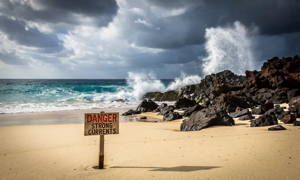 Une plage déserte de Madagascar avec des vagues turquoise heurtant des rochers, un panneau d’avertissement sur le sable et un ciel nuageux.