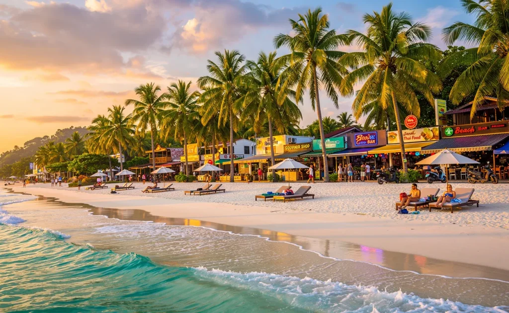 Plage de Chaweng à Koh Samui avec sable blanc, mer turquoise, palmiers, transats, boutiques animées et enseignes lumineuses sous une lumière dorée du coucher du soleil.