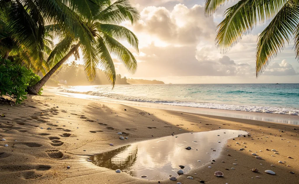 Plage tropicale paisible en Guadeloupe avec sable humide, palmiers verts et flaques d’eau sous un ciel partiellement nuageux en fin d’après-midi.