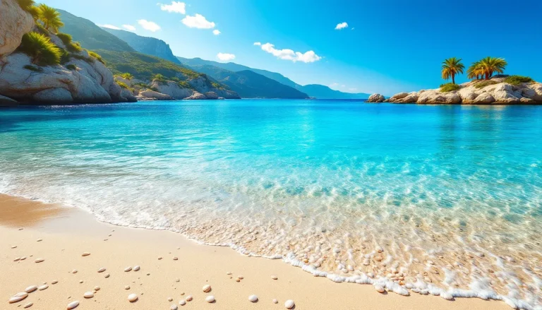 Plage corse bordée de coquillages scintillants sous le soleil.