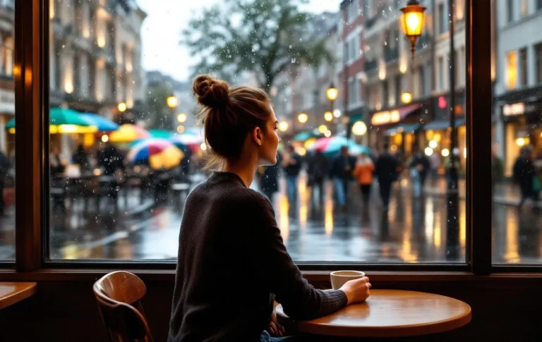 Une personne observe une rue mouillée de Fort-Mahon depuis la fenêtre d’un café, avec des reflets sur les trottoirs et des parapluies colorés.