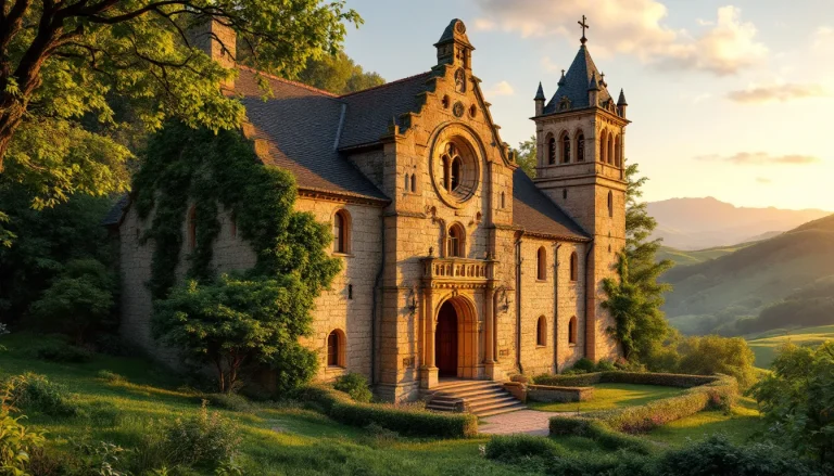 Prieuré ancien illuminé par la lumière dorée du crépuscule.