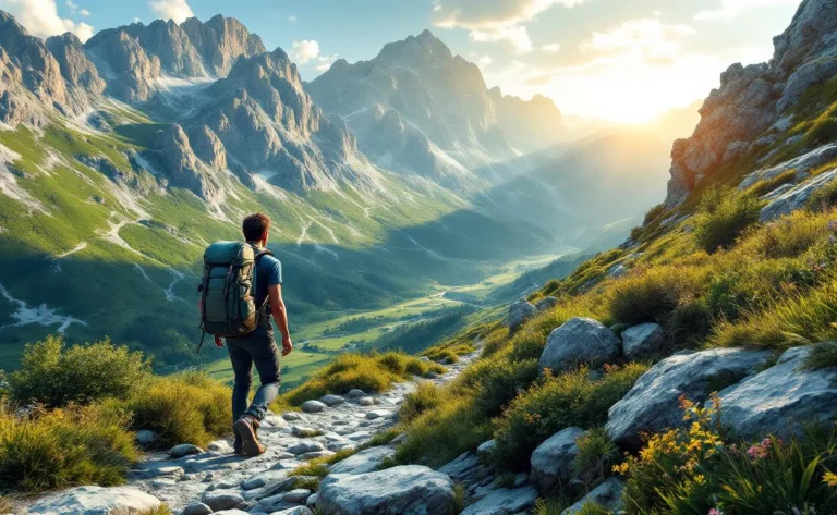 Randonnée sereine au milieu des montagnes majestueuses sous un ciel dégagé.