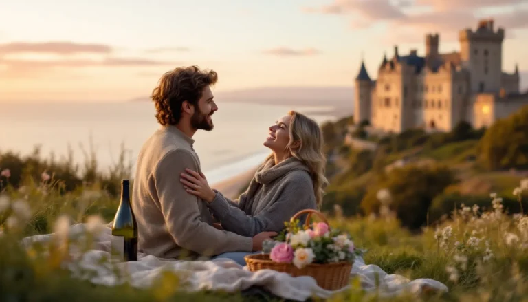 Un pique-nique romantique sur la plage de Dieppe, entouré de fleurs et de mets délicats.