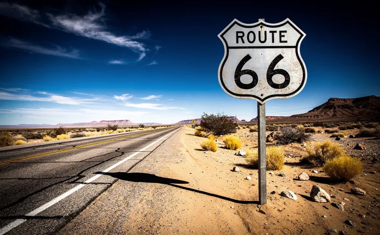 Un panneau routier Route 66 se dresse près d'une longue route dans un désert américain sous un ciel bleu.