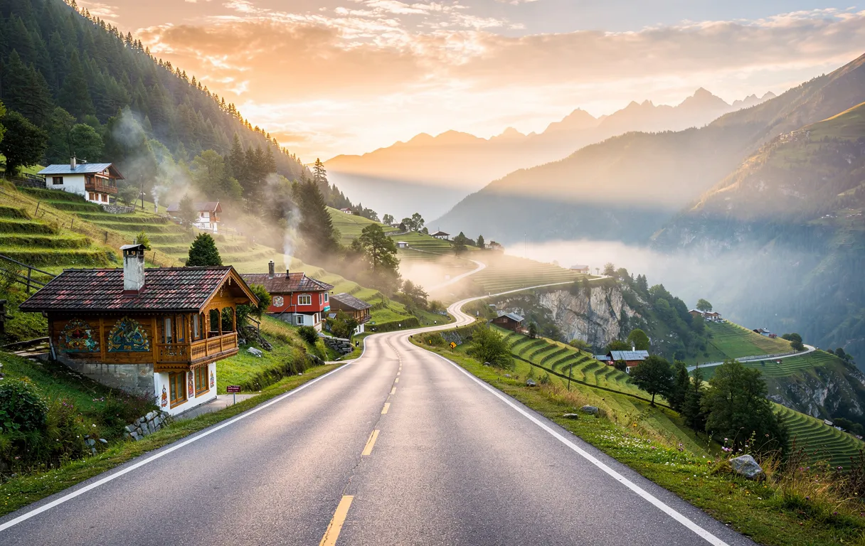 Une route de montagne sinueuse traverse des paysages verdoyants, longeant des villages et des architectures exotiques sous la lumière dorée du lever du soleil.