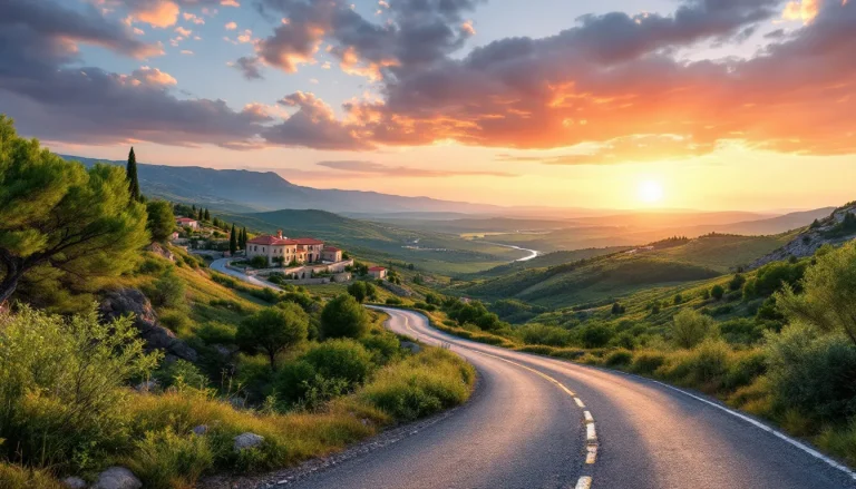 Route sinueuse menant à Murtoli, entourée de paysages verdoyants et de collines douces.