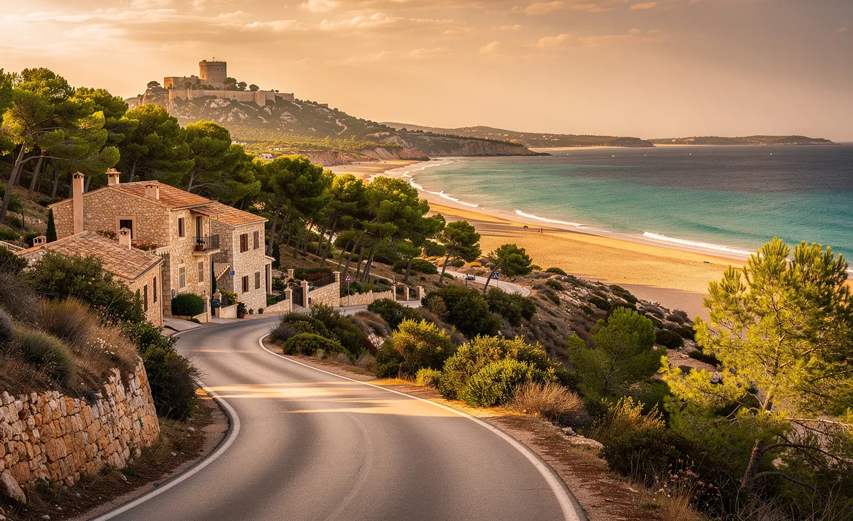 Une route côtière sinueuse relie le village en pierre de Capdepera à la plage de Cala Mesquida, bordée de forêts de pins sous une lumière de fin d’après-midi.