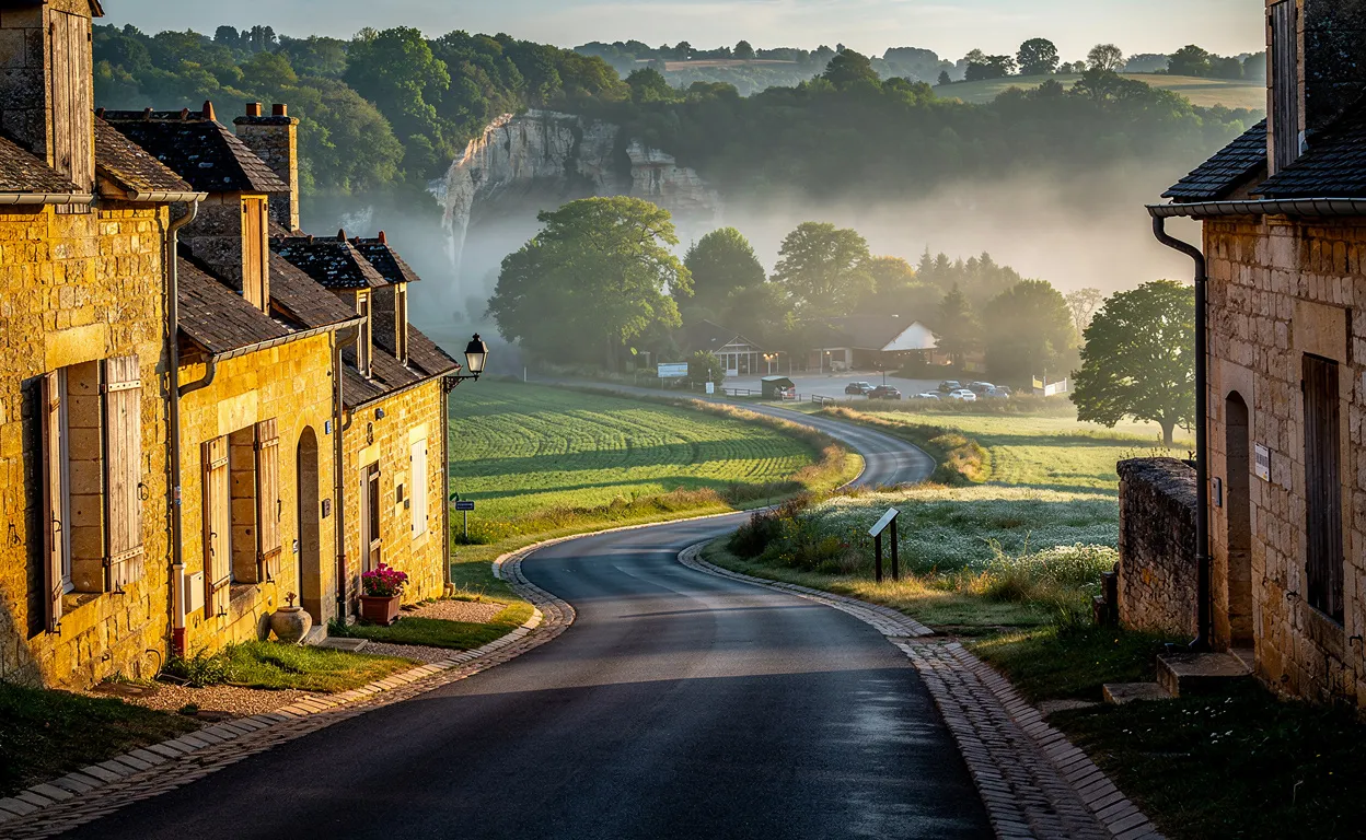 Une route de campagne sinueuse part des maisons médiévales de Sarlat et traverse la campagne verdoyante de Dordogne vers l'entrée lointaine du gouffre de Proumeyssac sous une brume matinale.