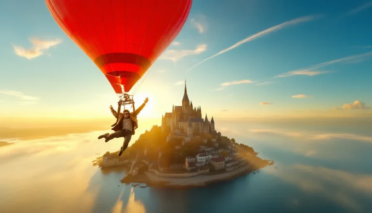 Un homme effectue un saut héroïque au-dessus du Mont-Saint-Michel, avec l'abbaye en arrière-plan.