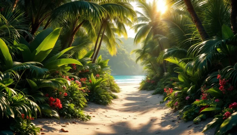 Sentier verdoyant bordé de palmiers menant à une plage de sable fin.