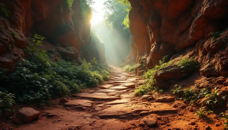 Sentier serpentin menant vers d'anciennes carrières bordées de végétation.