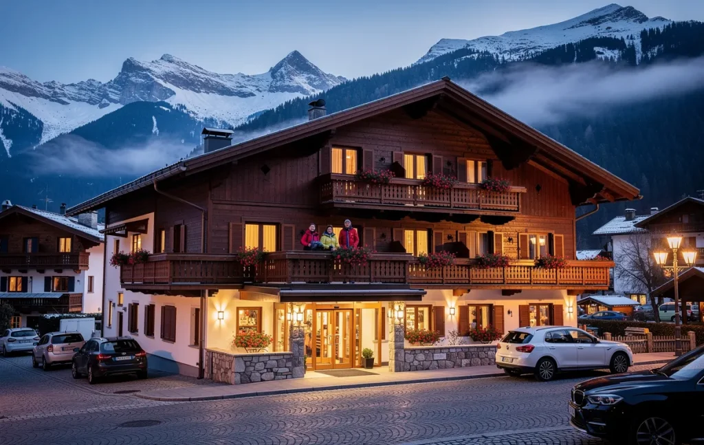 Hôtel Garni Ongaro illuminé au crépuscule dans un village alpin, avec des voyageurs sur le balcon admirant le paysage.