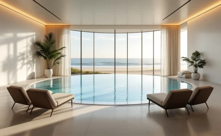 Un spa de thalassothérapie avec piscine intérieure et larges baies vitrées donne sur la plage de Cabourg, entouré de chaises longues dans une ambiance apaisante.