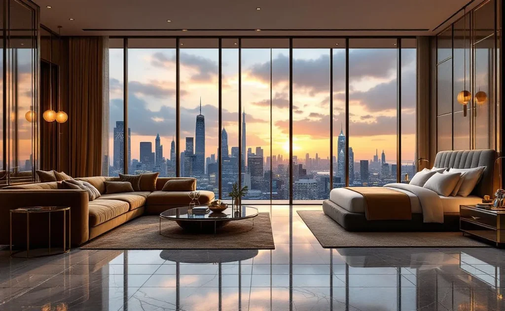 Suite d’hôtel moderne avec de grandes fenêtres offrant une vue sur la ville au coucher du soleil, mobilier raffiné et accents dorés sur des surfaces en marbre.