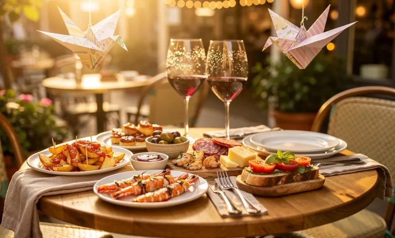 Table dressée dans un bistrot avec des tapas variés, des verres de vin entrechoqués et des oiseaux en papier suspendus sous une lumière chaleureuse.