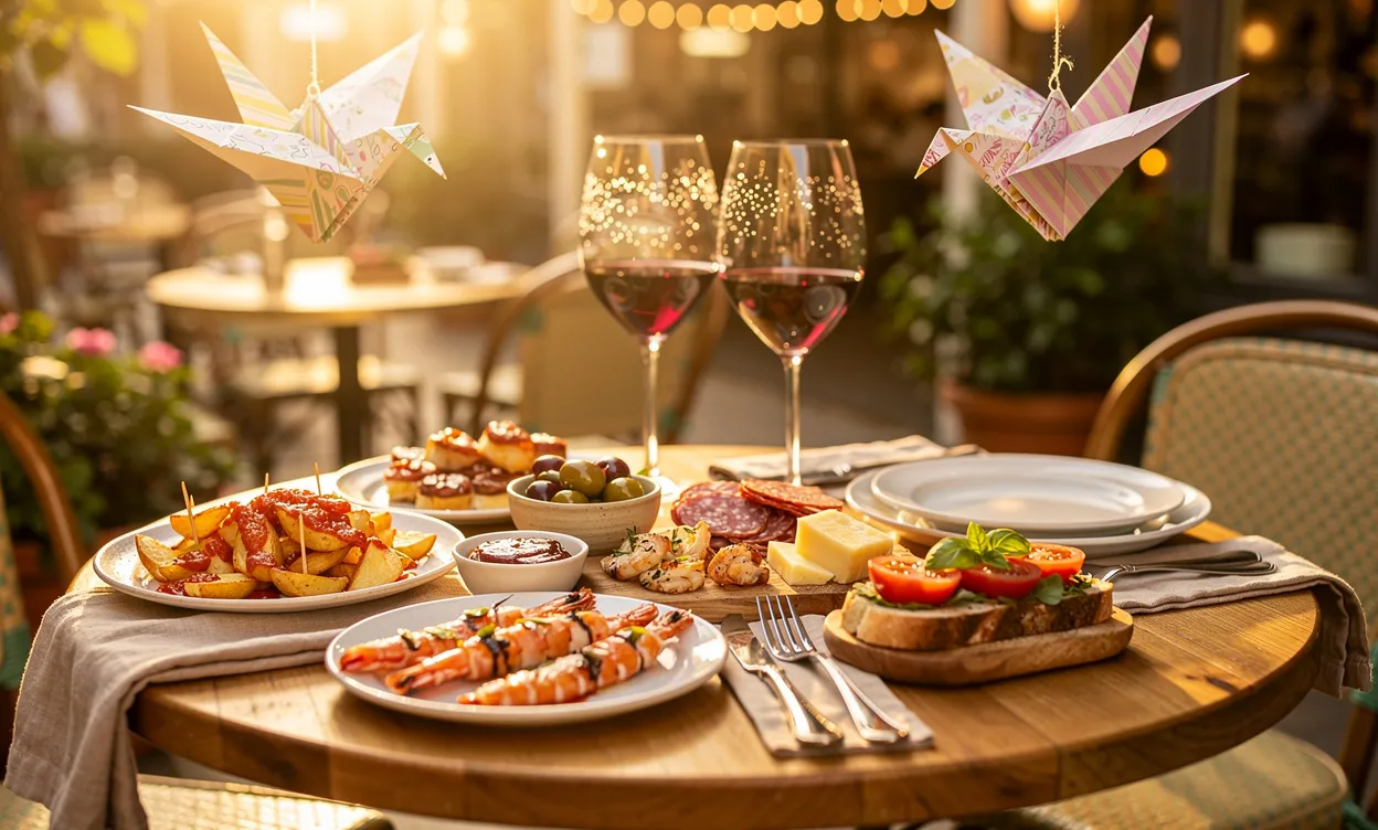 Table dressée dans un bistrot avec des tapas variés, des verres de vin entrechoqués et des oiseaux en papier suspendus sous une lumière chaleureuse.