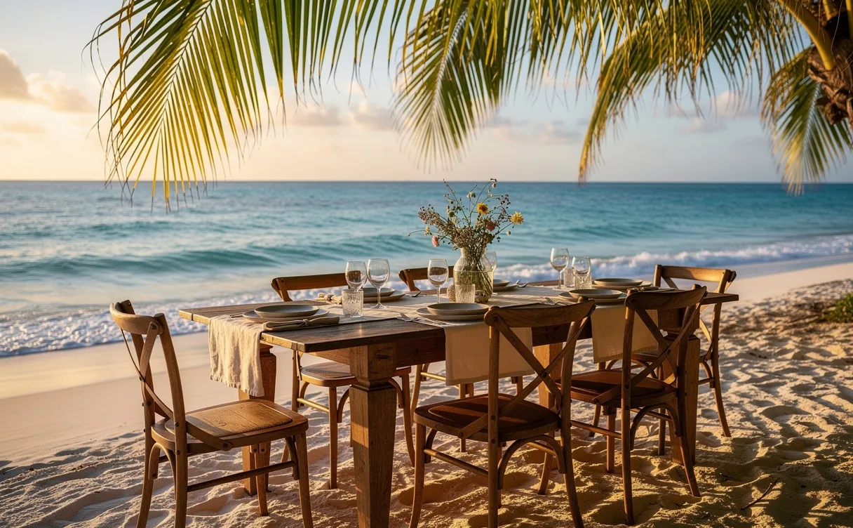 Table rustique dressée sur le sable blanc au bord de l’eau turquoise, ombragée par des palmiers et baignée d’une lumière estivale.
