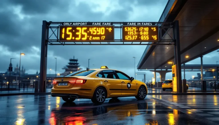 Taxi jaune circulant sous une pluie drue dans une rue urbaine.