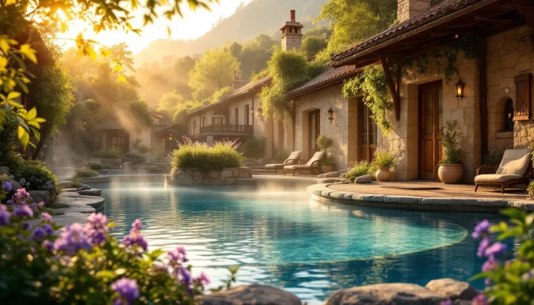 Des thermes baignant dans une atmosphère magique au crépuscule, entourés de lumières douces et de végétation luxuriante.