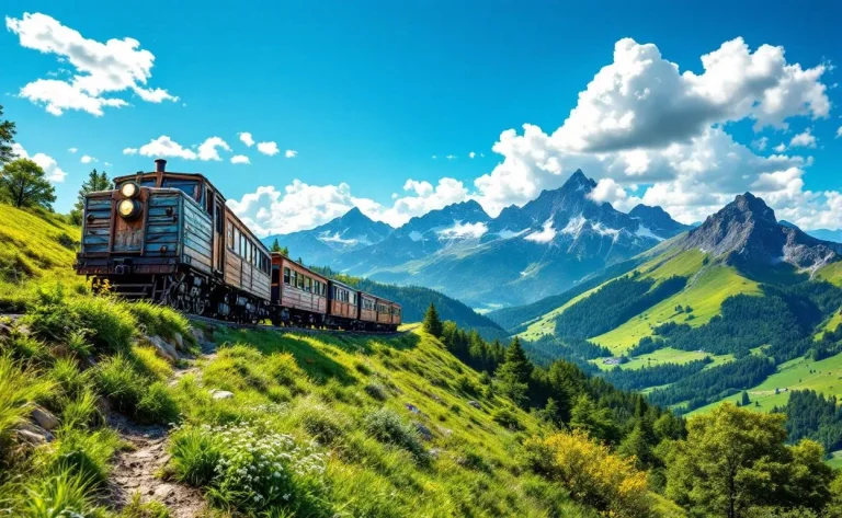 Le train en bois de la Rhune grimpe une pente verdoyante avec les Pyrénées et un ciel bleu en arrière-plan.