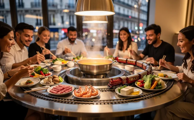 Un élégant restaurant parisien moderne avec une table ronde équipée d’un hotpot chinois rotatif, où un petit train apporte divers ingrédients aux convives.
