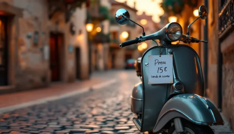 Trottinette stationnée sur une rue pittoresque bordée de maisons colorées.