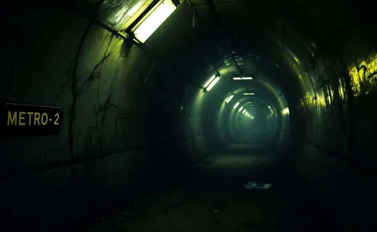 Tunnel secret du métro moscovite avec des murs carrelés et un éclairage tamisé.