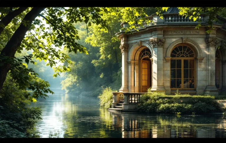 Le pavillon historique de l’Uvarium de Moissac se dresse près de la Garonne, entouré d’arbres et baigné de lumière douce.