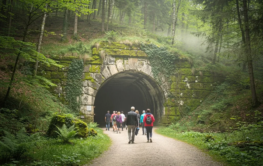 Des visiteurs s’avancent vers l’entrée du gouffre de Proumeyssac, encadrée d’une arche de pierre moussue sur un coteau boisé sous une brume matinale.