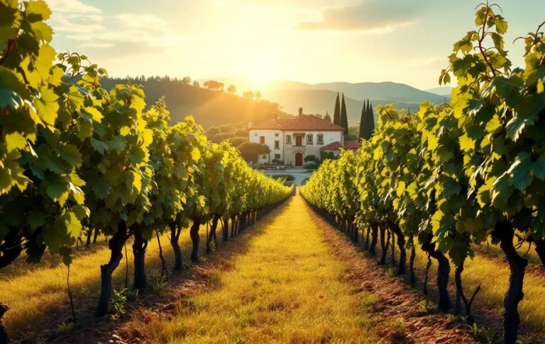Vignoble baigné de soleil à Quinta do Bonfim, avec des rangées de vignes verdoyantes et un ciel dégagé.
