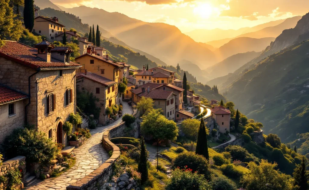 Un village de montagne à la frontière italienne avec des maisons en pierre aux toits de tuiles, des rues pavées sinueuses et des collines verdoyantes sous une lumière dorée.